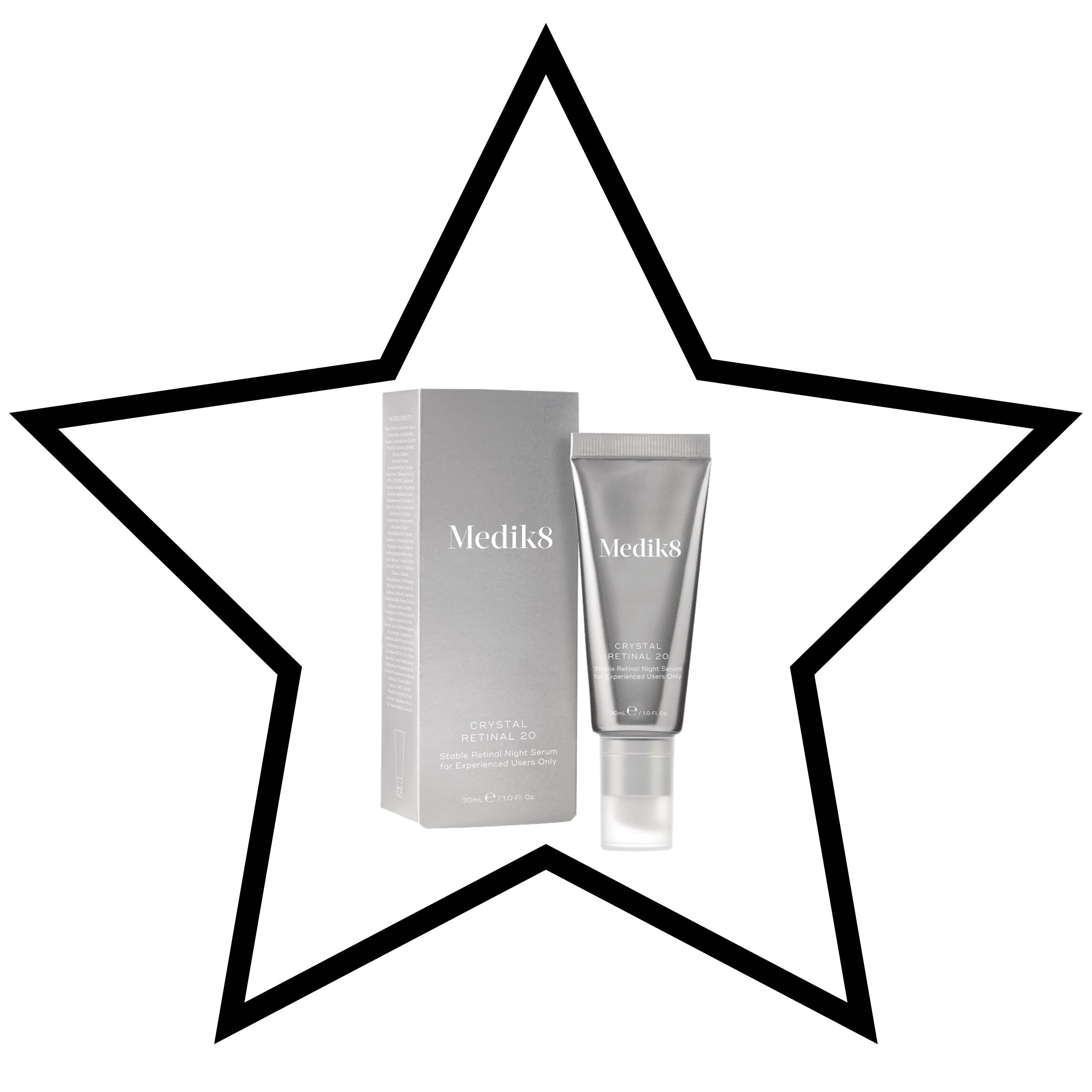 Medik8 skincare products inside a star-shaped border on a white background