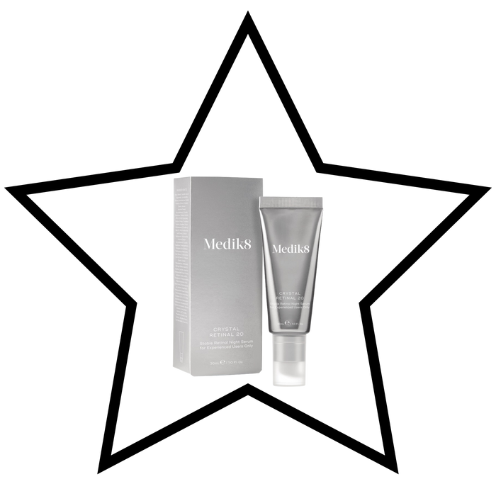 Medik8 skincare products inside a star-shaped border on a white background