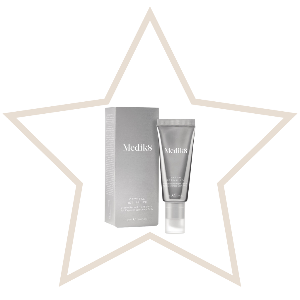Medik8 skincare product and packaging on a white background with a star-shaped frame.