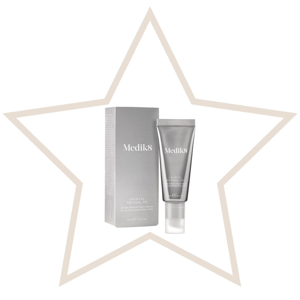 Medik8 skincare product and packaging on a white background with a star-shaped frame.