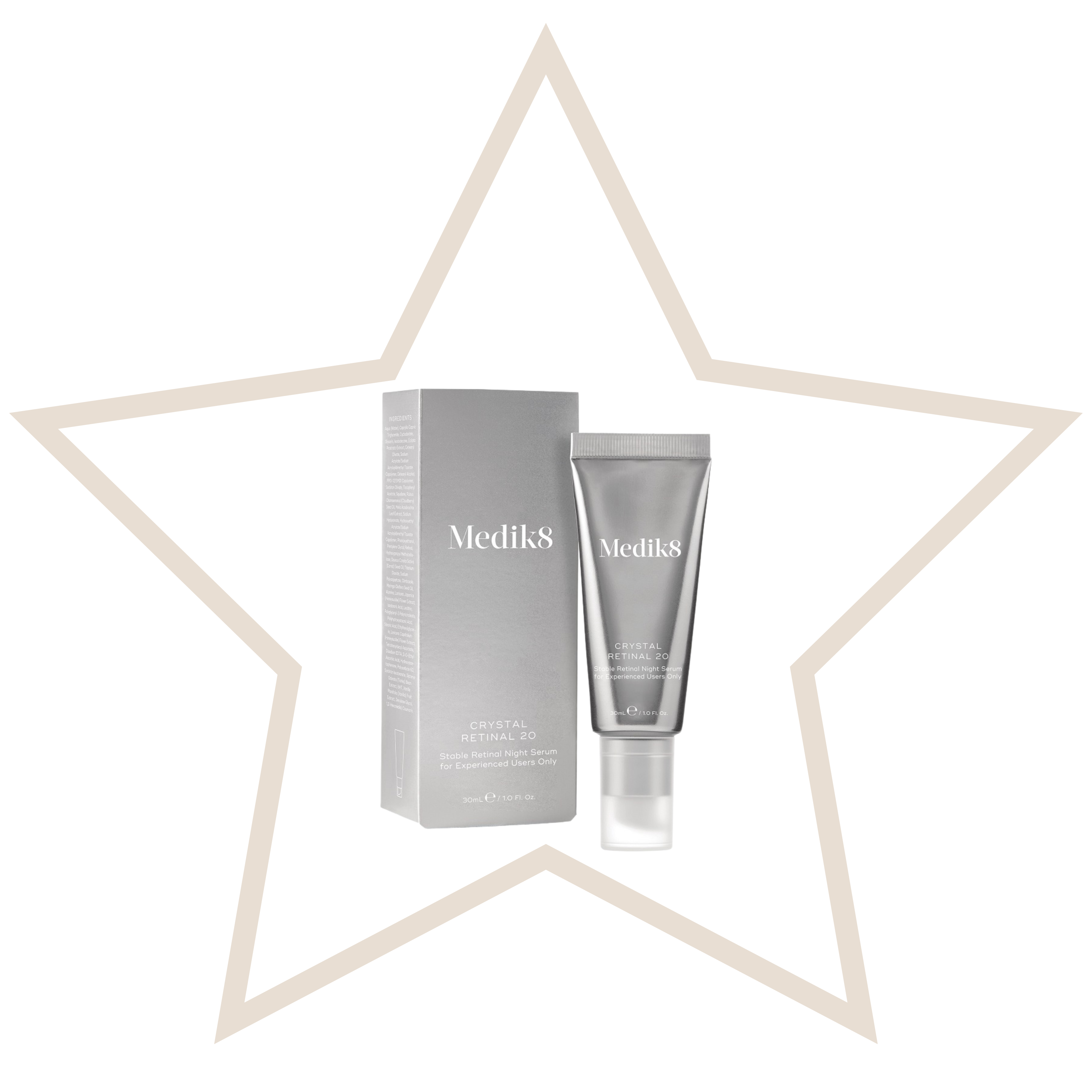 Medik8 skincare product and packaging on a white background with a star-shaped frame.