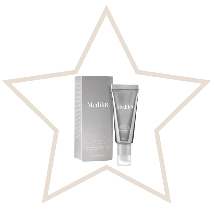 Medik8 skincare product and packaging on a white background with a star-shaped frame.