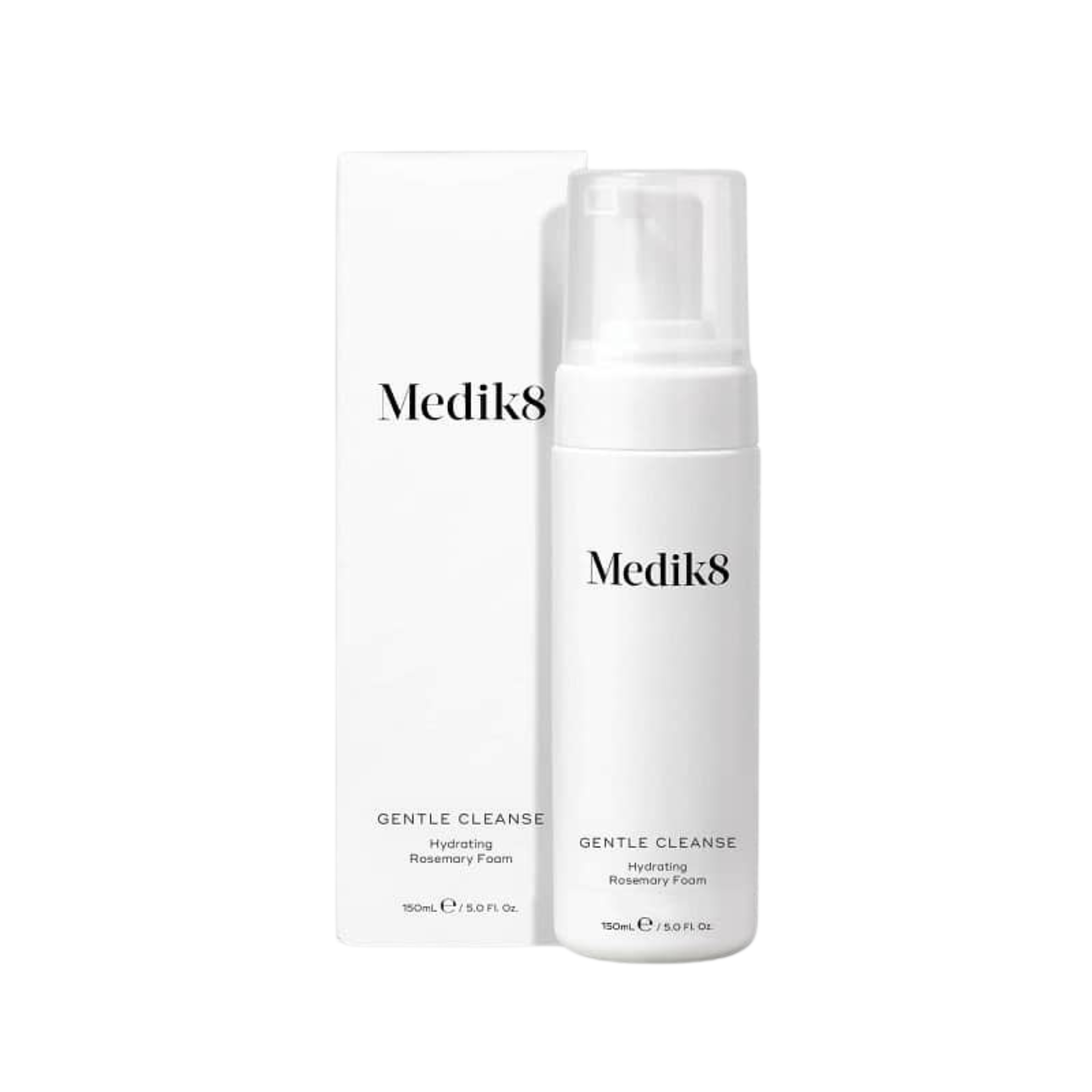 Medik8 gentle clease foaming cleanser, hydrating, ultra-gentle foaming formula, very mild, sensitive skin-friendly cleansing agents, remove daily impurities, leaves skin comfortable, pH balanced, suitable for sensitive skin, refreshed, soft, white plastic pump bottle, white box packaging