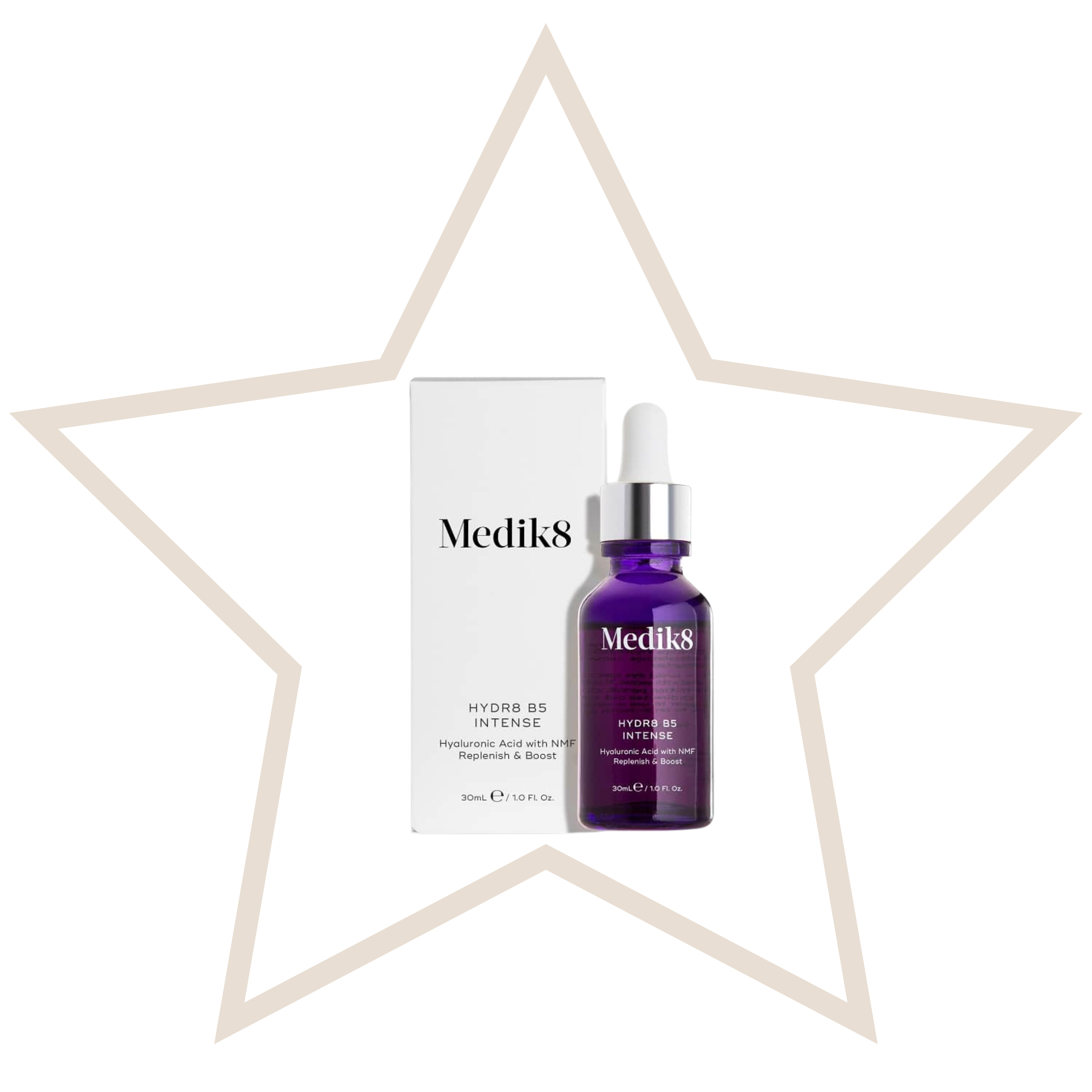 Hydr8 B5 Intense bottle and packaging on a clear background with a white star-shaped frame.