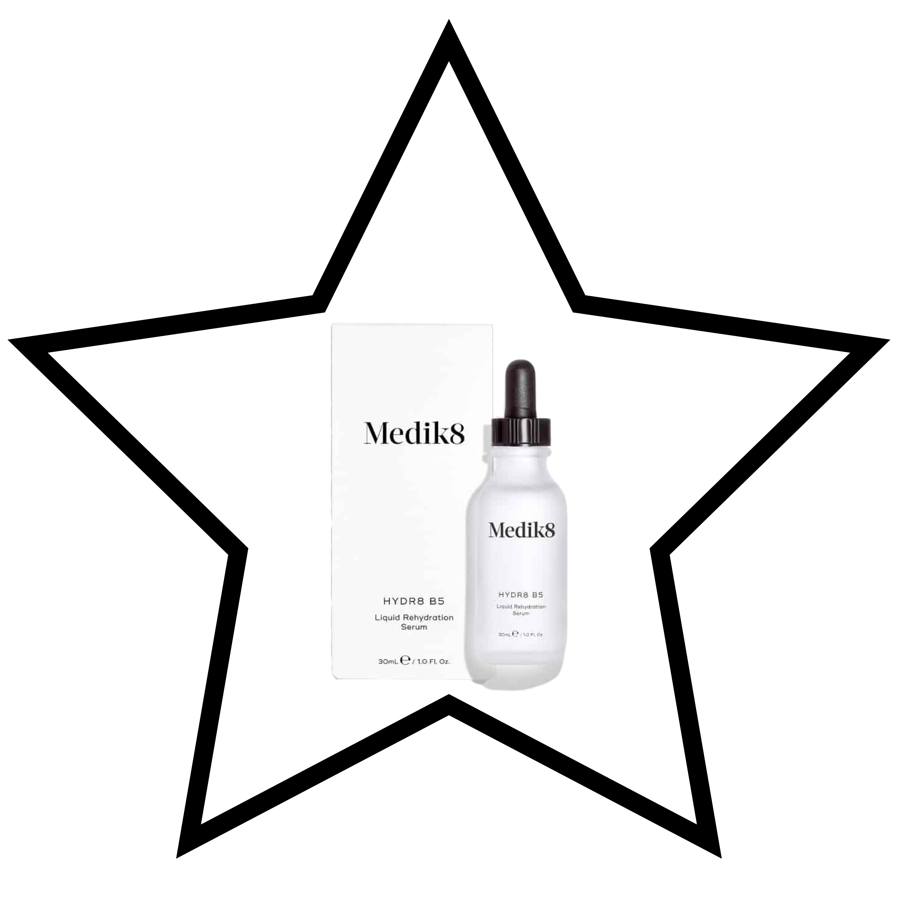 Medik8 skincare serum bottle with packaging inside a black star frame on a white background