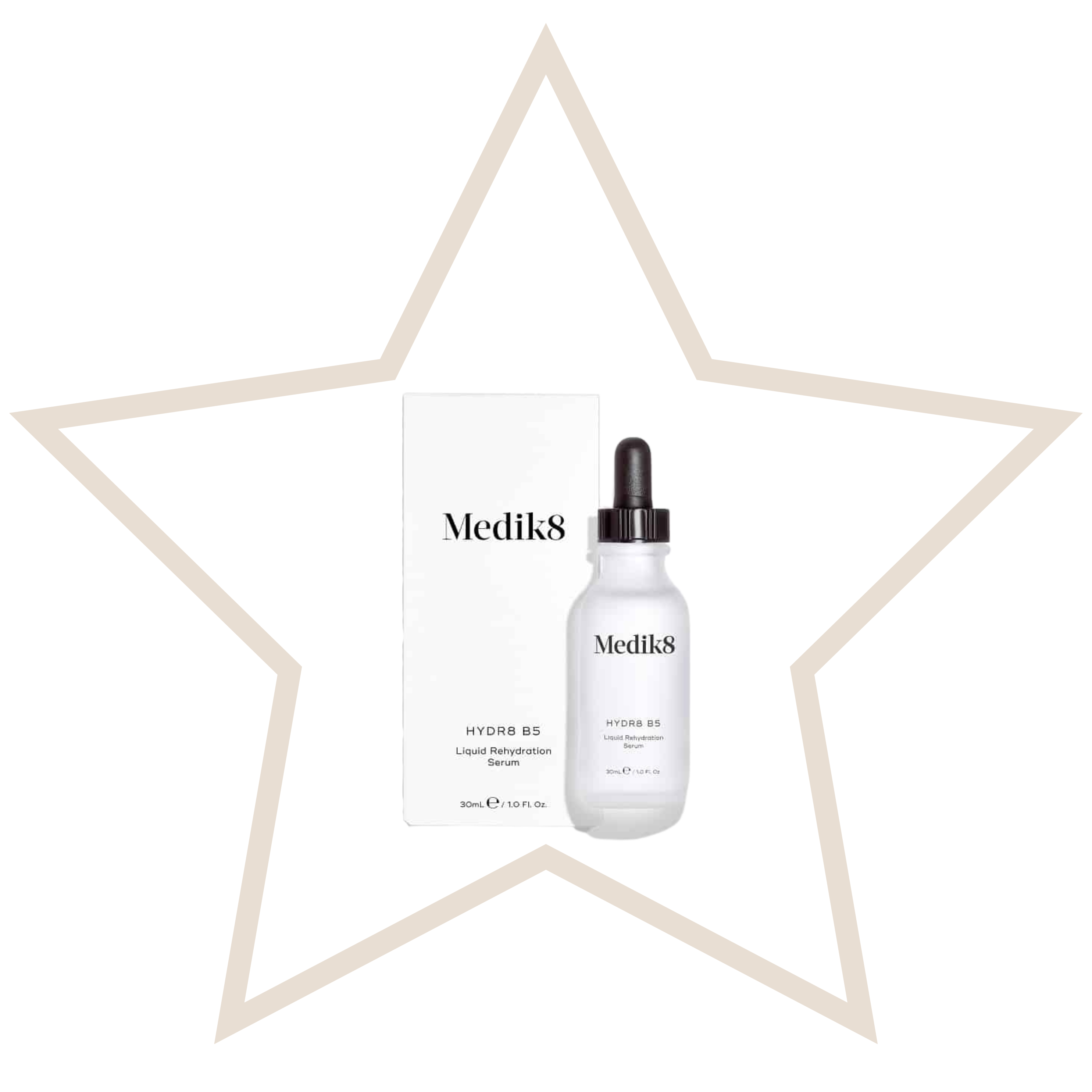 Medik8 skincare serum bottle and packaging with white star-shaped frame.