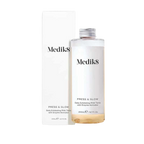 Clinically proven to deliver glowing skin in just 2 weeks, Medik8 press and glow, clear bottle with metal screw cap, white box packaging, 
removes dead surface skin cells, reveals smoother skin texture, create a visibly perfected skin surface, absorbs vitamin C and A, creates a smoother base for makeup
