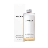Clinically proven to deliver glowing skin in just 2 weeks, Medik8 press and glow, clear bottle with metal screw cap, white box packaging, 
removes dead surface skin cells, reveals smoother skin texture, create a visibly perfected skin surface, absorbs vitamin C and A, creates a smoother base for makeup