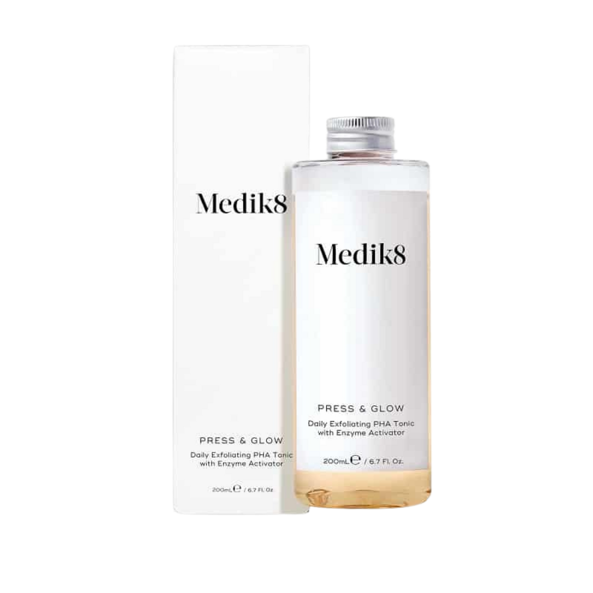 Clinically proven to deliver glowing skin in just 2 weeks, Medik8 press and glow, clear bottle with metal screw cap, white box packaging, 
removes dead surface skin cells, reveals smoother skin texture, create a visibly perfected skin surface, absorbs vitamin C and A, creates a smoother base for makeup