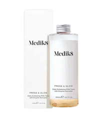 Clinically proven to deliver glowing skin in just 2 weeks, Medik8 press and glow, clear bottle with metal screw cap, white box packaging, 
removes dead surface skin cells, reveals smoother skin texture, create a visibly perfected skin surface, absorbs vitamin C and A, creates a smoother base for makeup