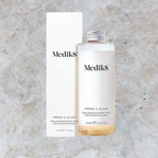 Clinically proven to deliver glowing skin in just 2 weeks, Medik8 press and glow, clear bottle with metal screw cap, white box packaging, 
removes dead surface skin cells, reveals smoother skin texture, create a visibly perfected skin surface, absorbs vitamin C and A, creates a smoother base for makeup.