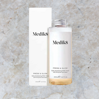 Clinically proven to deliver glowing skin in just 2 weeks, Medik8 press and glow, clear bottle with metal screw cap, white box packaging, 
removes dead surface skin cells, reveals smoother skin texture, create a visibly perfected skin surface, absorbs vitamin C and A, creates a smoother base for makeup.