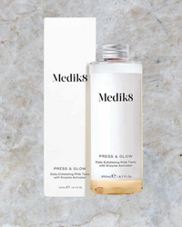 Clinically proven to deliver glowing skin in just 2 weeks, Medik8 press and glow, clear bottle with metal screw cap, white box packaging, 
removes dead surface skin cells, reveals smoother skin texture, create a visibly perfected skin surface, absorbs vitamin C and A, creates a smoother base for makeup.