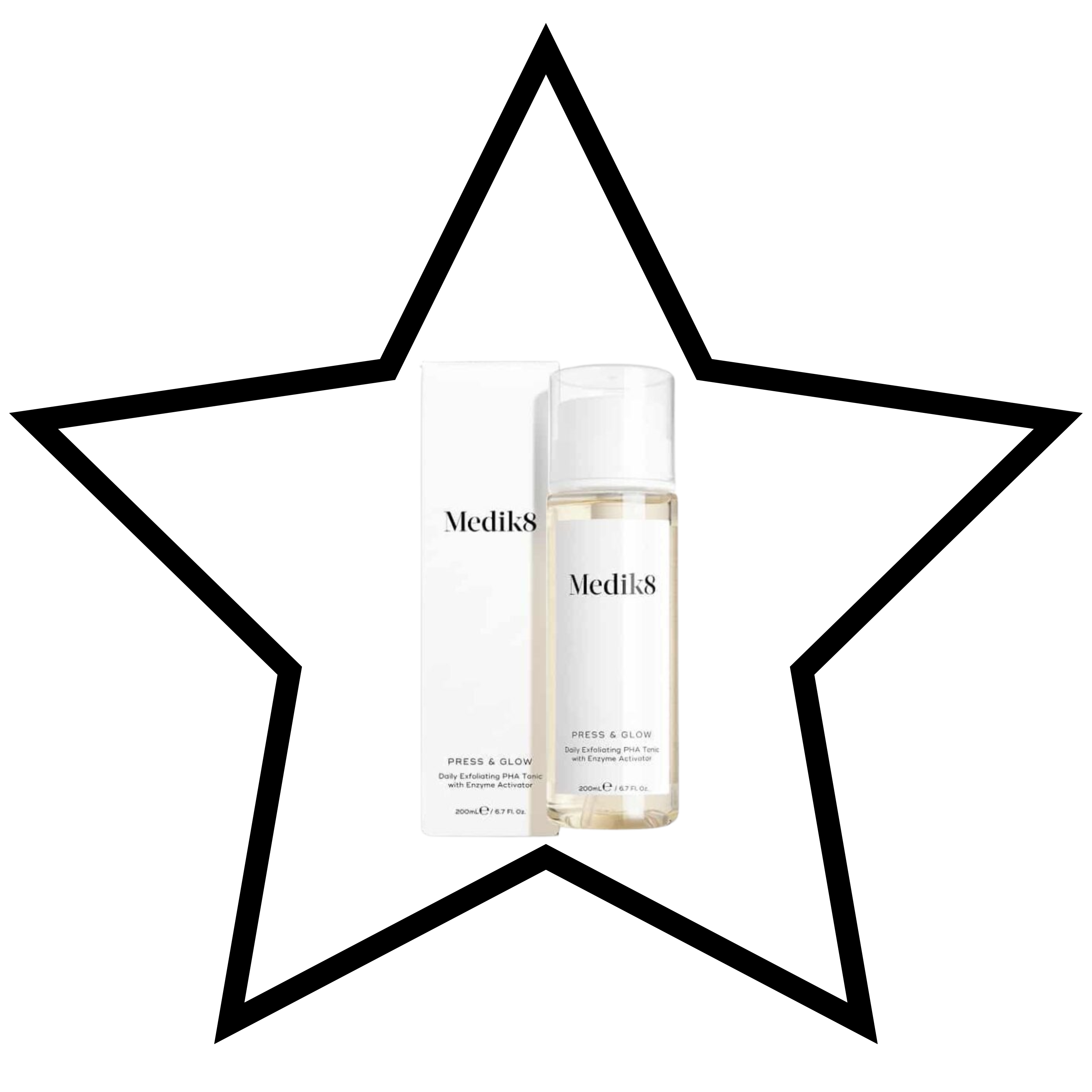 Medik8 Press and Cleanse skincare bottle and packaging inside a black star frame