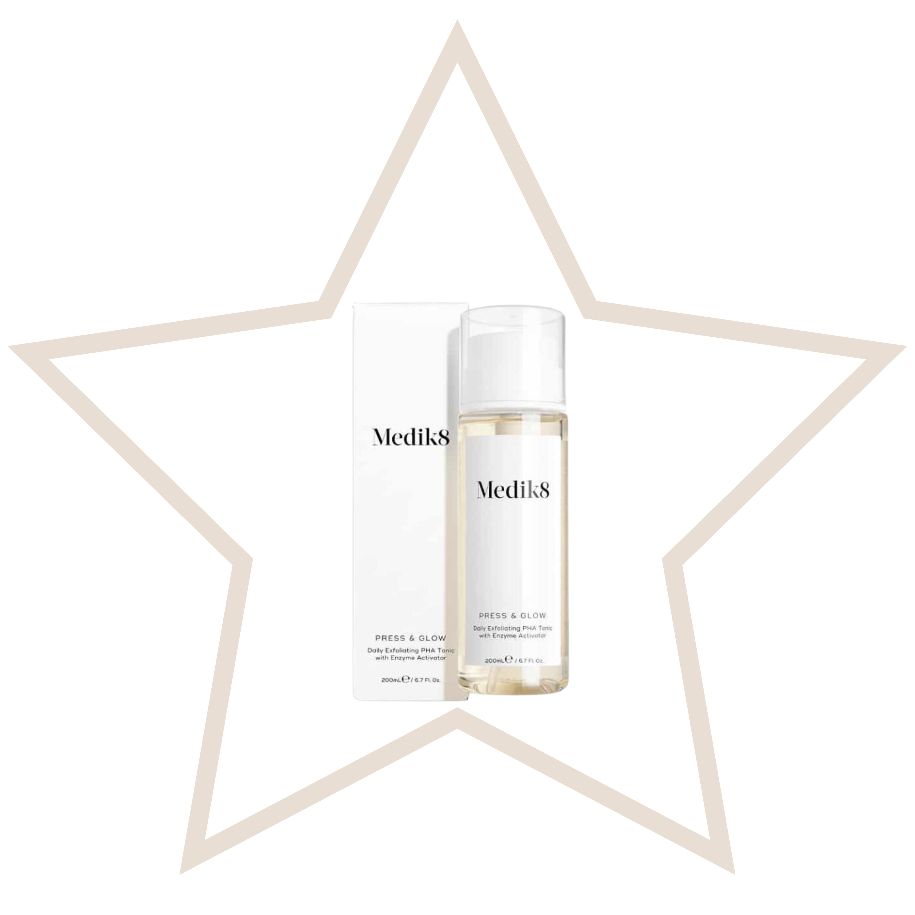 Medik8 Press & Glow bottle and packaging inside a star-shaped frame 