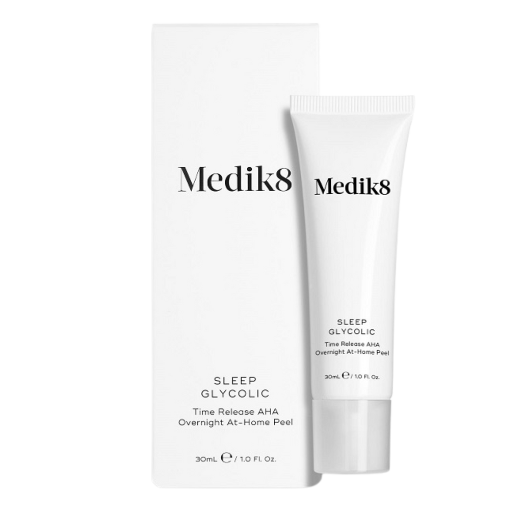 medik8 sleep glycolic, Smoothing, Brightening, Decongesting, smoother skin, AHA (alpha hydroxy acid) peel treatment that delivers fast results overnight, without the usual redness and irritation, white tube with lid, white box packaging