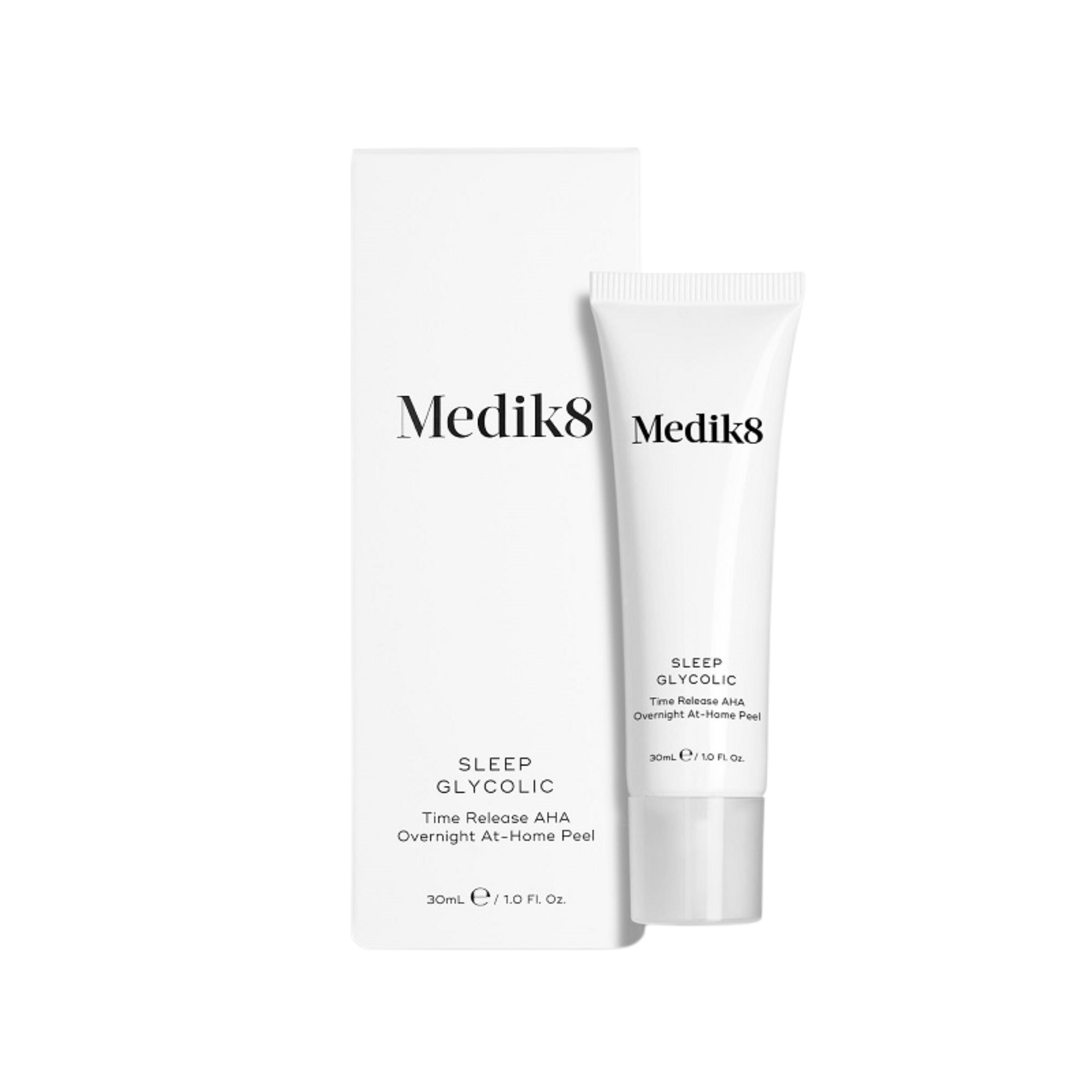 medik8 sleep glycolic, Smoothing, Brightening, Decongesting, smoother skin, AHA (alpha hydroxy acid) peel treatment that delivers fast results overnight, without the usual redness and irritation, white tube with lid, white box packaging