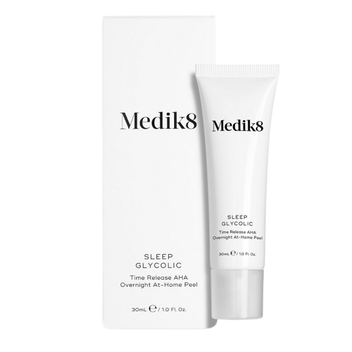 medik8 sleep glycolic, Smoothing, Brightening, Decongesting, smoother skin, AHA (alpha hydroxy acid) peel treatment that delivers fast results overnight, without the usual redness and irritation, white tube with lid, white box packaging