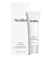 medik8 sleep glycolic, Smoothing, Brightening, Decongesting, smoother skin, AHA (alpha hydroxy acid) peel treatment that delivers fast results overnight, without the usual redness and irritation, white tube with lid, white box packaging