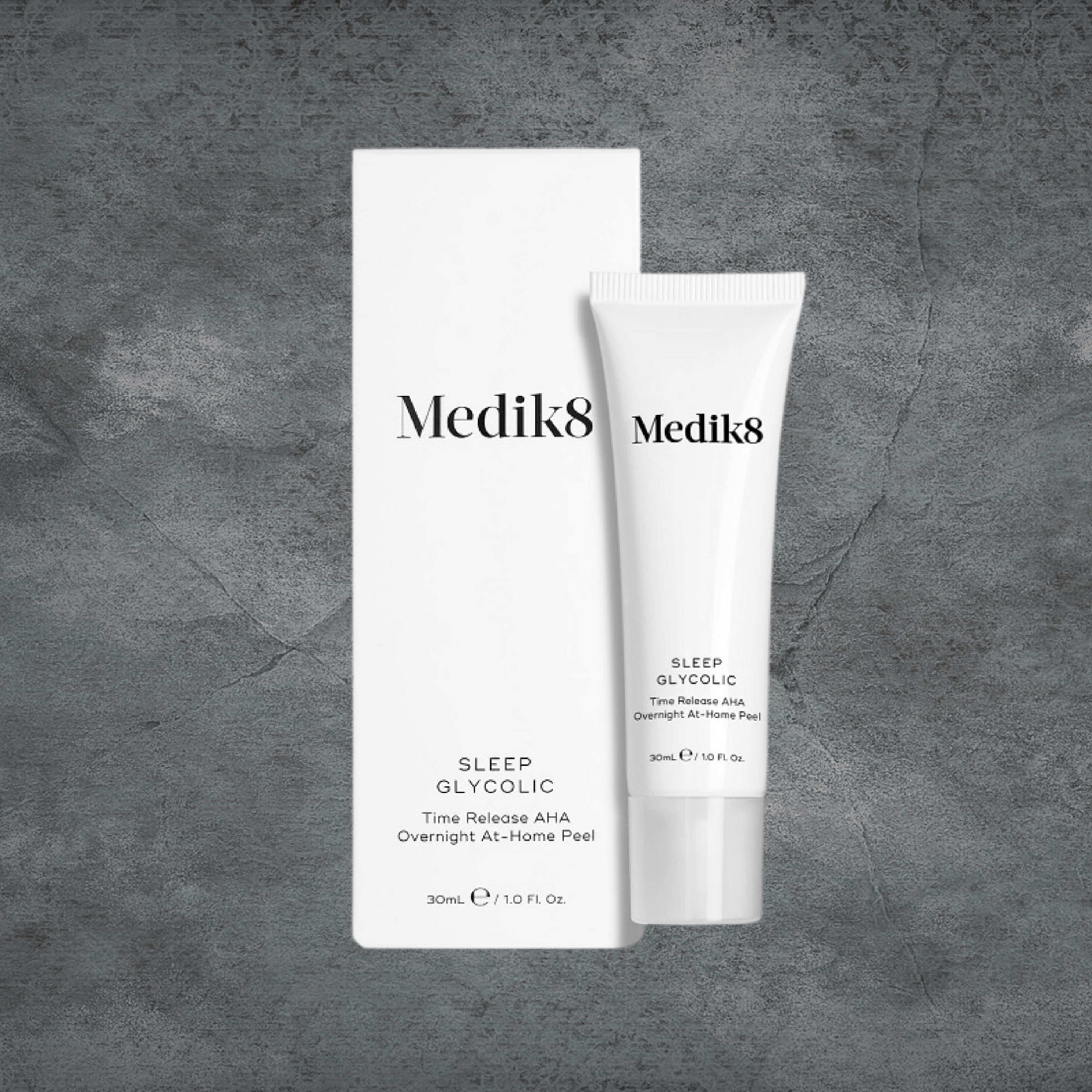 medik8 sleep glycolic, Smoothing, Brightening, Decongesting, smoother skin, AHA (alpha hydroxy acid) peel treatment that delivers fast results overnight, without the usual redness and irritation, white tube with lid, white box packaging