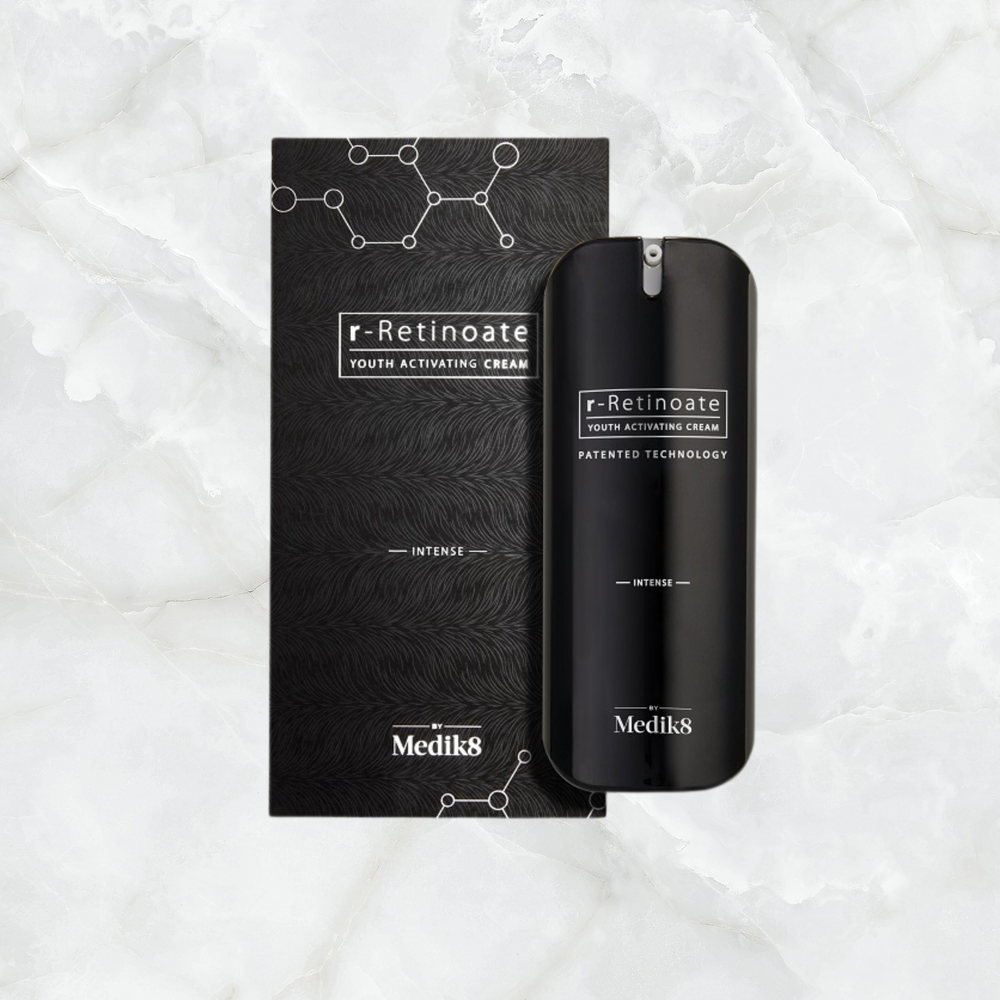 Medik8 r-Retinoate youth activating cream packaging on a textured white background