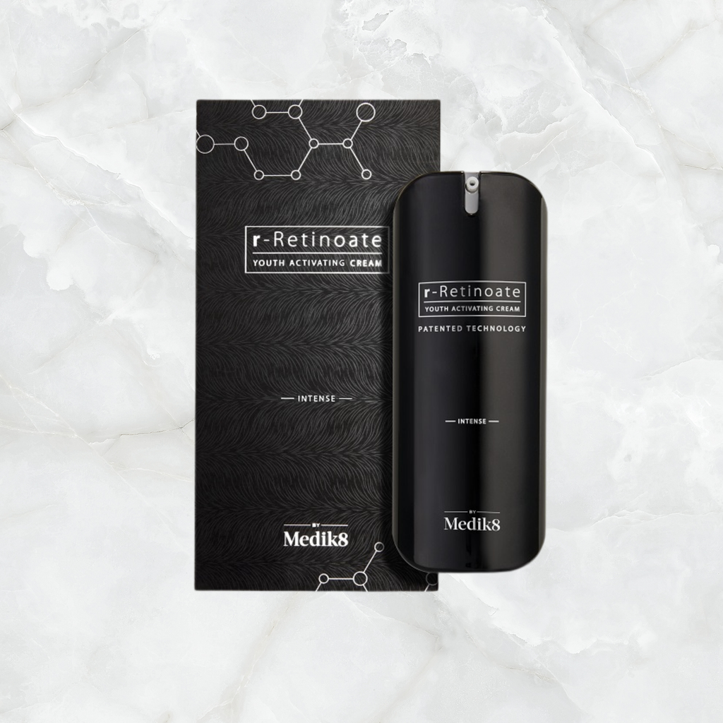 Medik8 r-Retinoate youth activating cream packaging on a textured white background