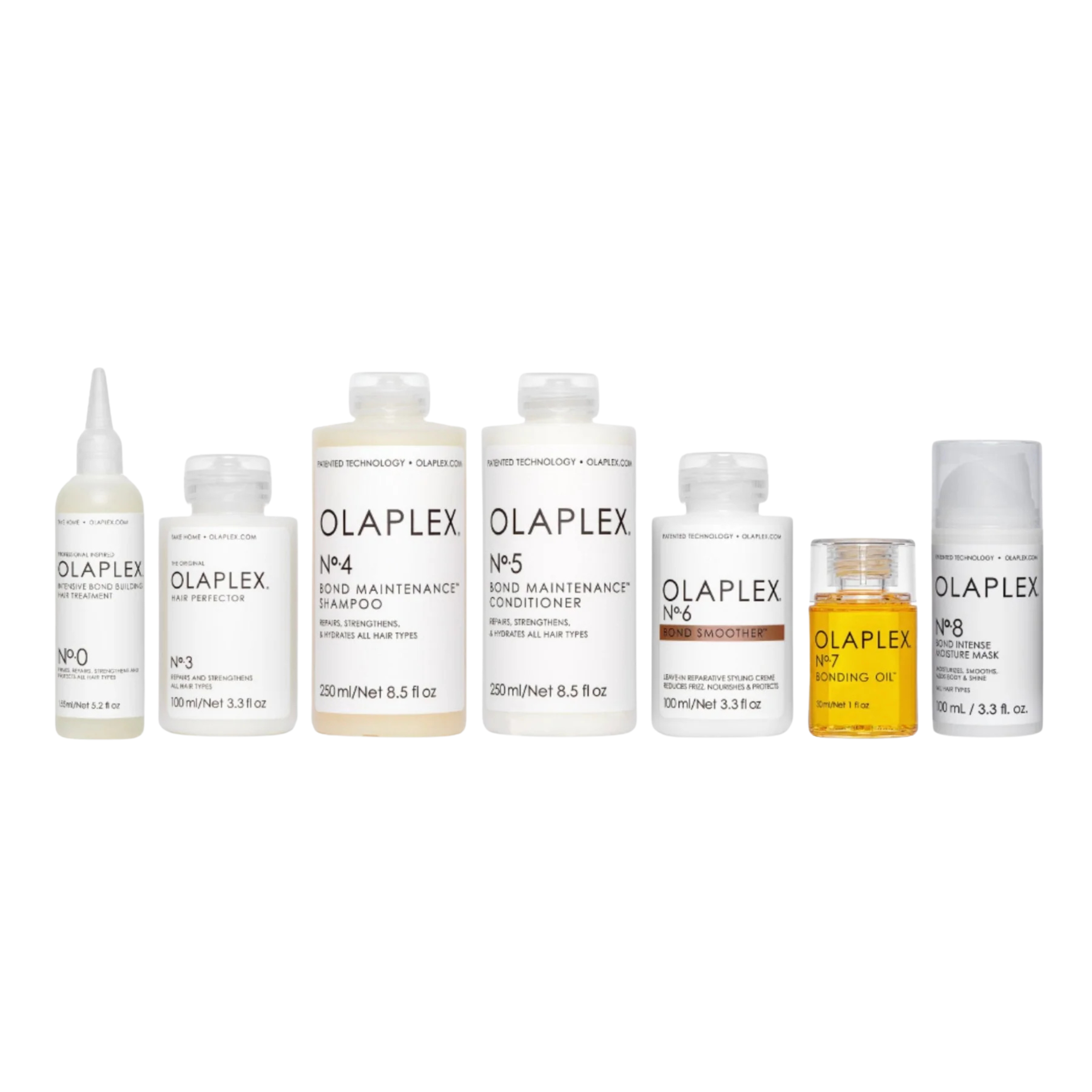 Set of Olaplex hair care products on a white background