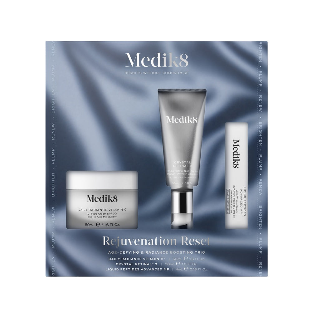 Medik8 Rejuvenation Reset skincare product set on a blue gradient background