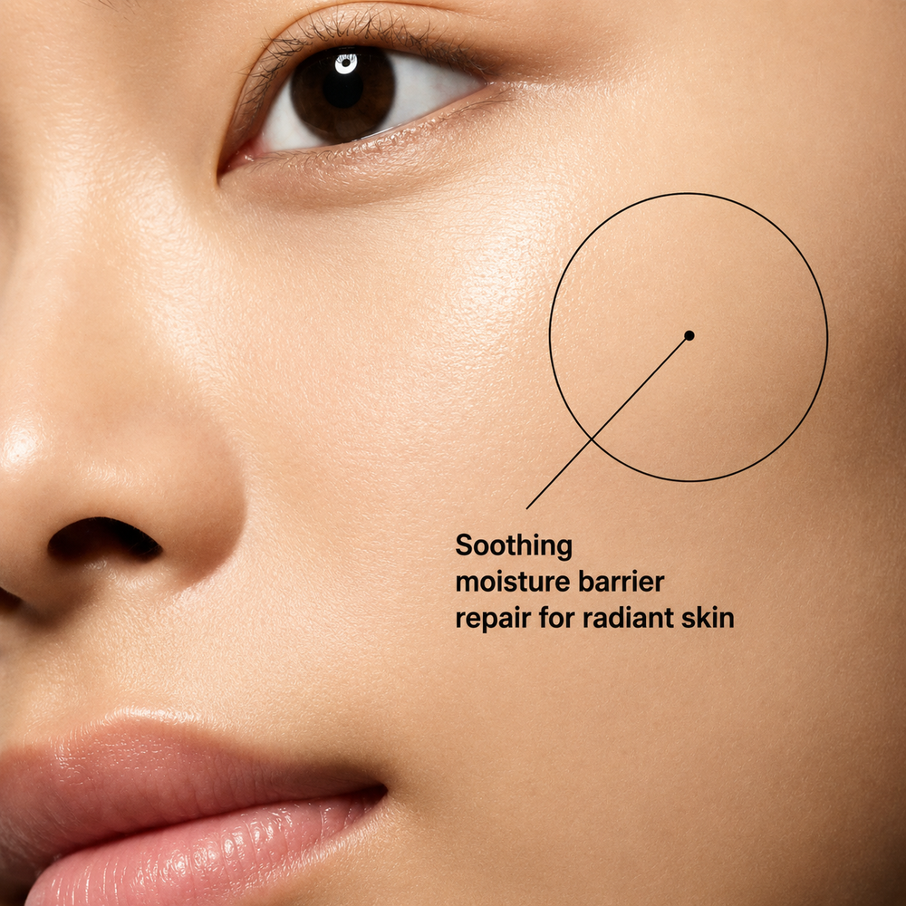 Close-up of a person's face highlighting the cheek with a circular callout and text reading 'Soothing moisture barrier repair for radiant skin.'. 