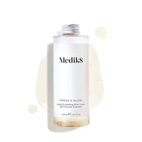 medik8 press and glow refill bottle, clear plastic bottle, metal screw cap, daily exfoliating PHA toner, enzyme activator