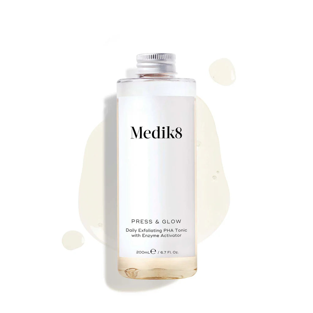 medik8 press and glow refill bottle, clear plastic bottle, metal screw cap, daily exfoliating PHA toner, enzyme activator