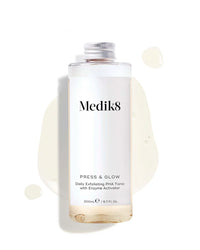 medik8 press and glow refill bottle, clear plastic bottle, metal screw cap, daily exfoliating PHA toner, enzyme activator