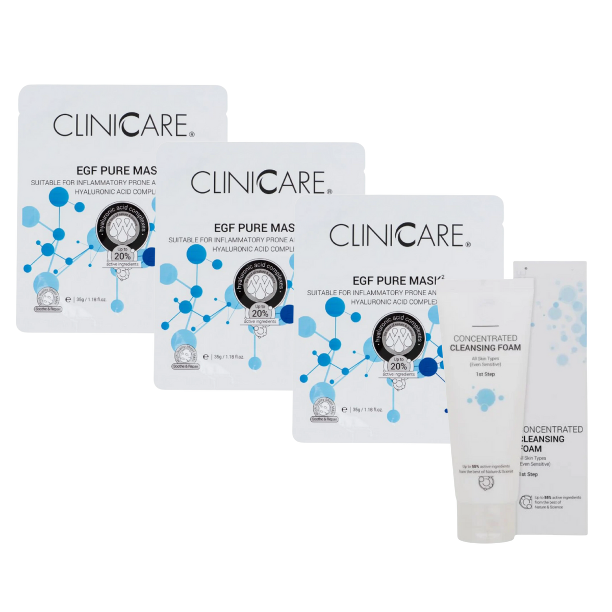 3 ClinicCare pure masks + foam cleanser