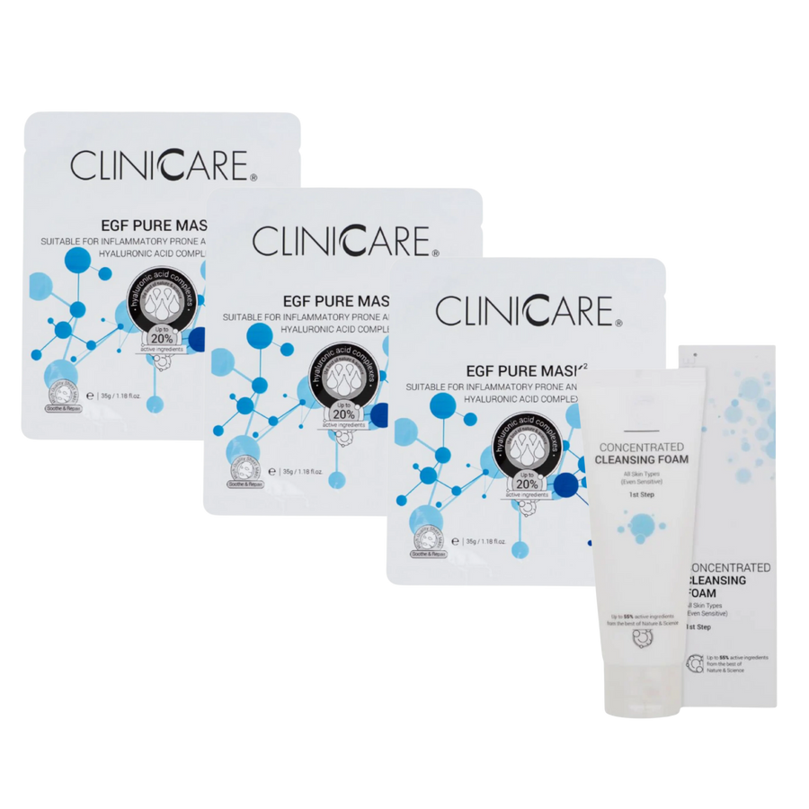 ClinicCare EGF Pure Masks x3 + Concentrated Cleansing Foam Bundle
