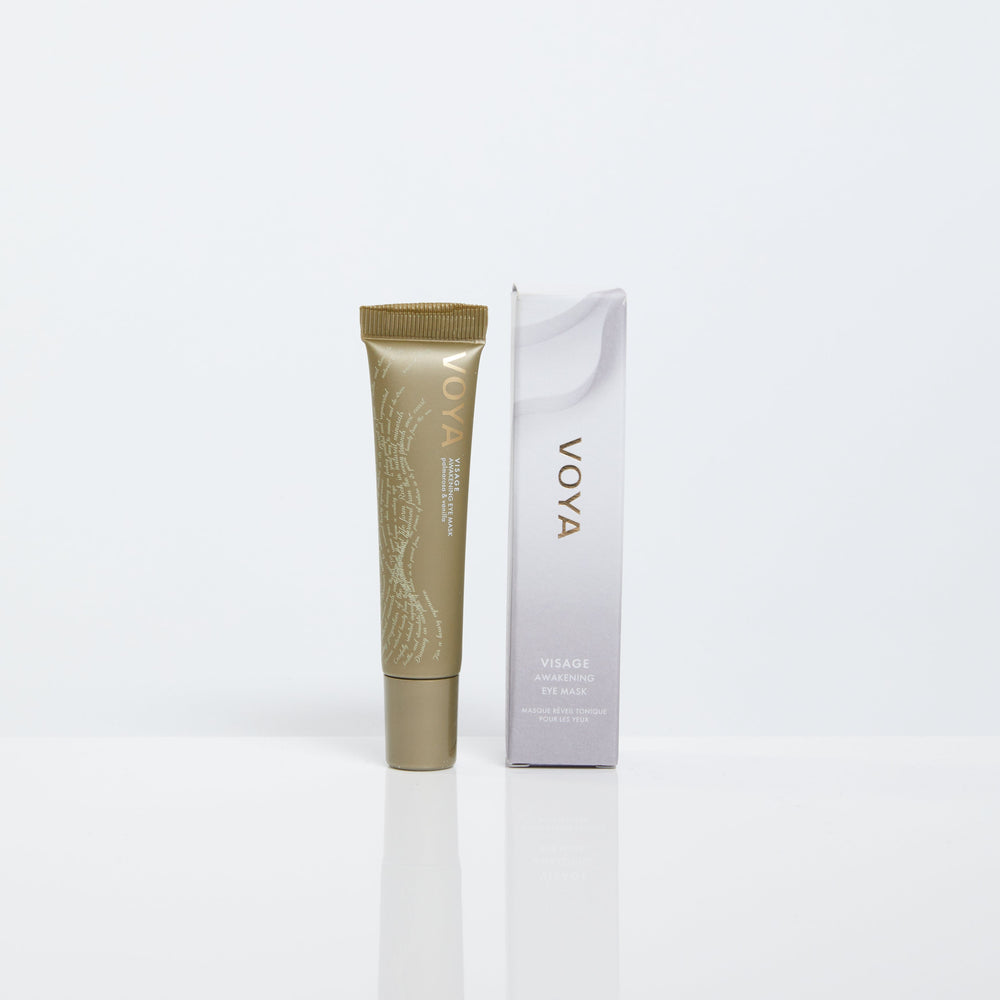 VOYA Visage awakening eye mask in tube packaging next to its box, Voya visage is formulated to gently hydrate and revitalise delicate skin around the eye area
