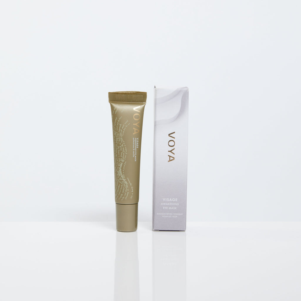 VOYA Visage awakening eye mask in tube packaging next to its box, Voya visage is formulated to gently hydrate and revitalise delicate skin around the eye area
