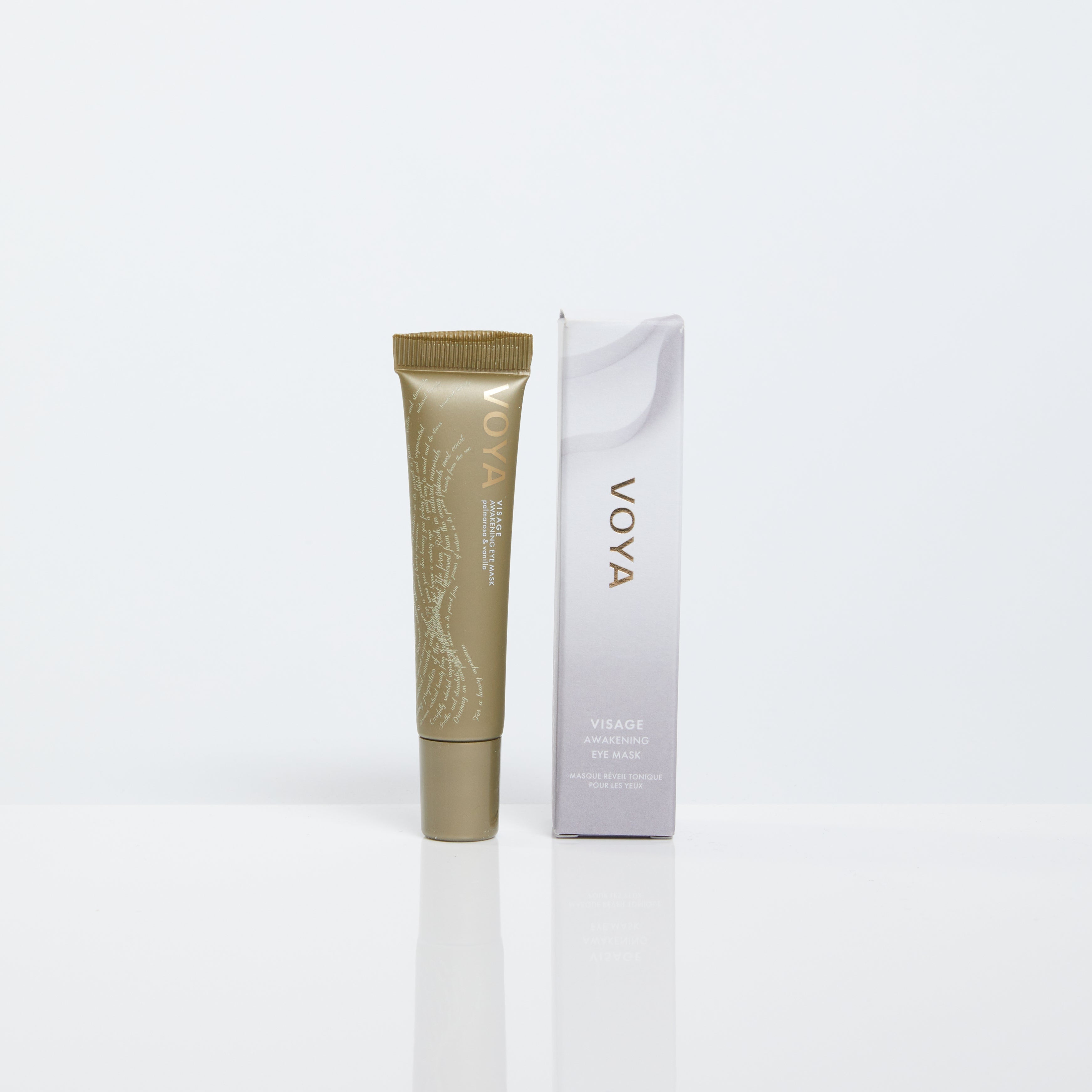 VOYA Visage awakening eye mask in tube packaging next to its box, Voya visage is formulated to gently hydrate and revitalise delicate skin around the eye area