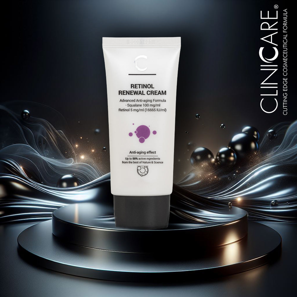 ClinicCare Retinol Renewal Cream tube on a dark dramatic display stand with floating spheres