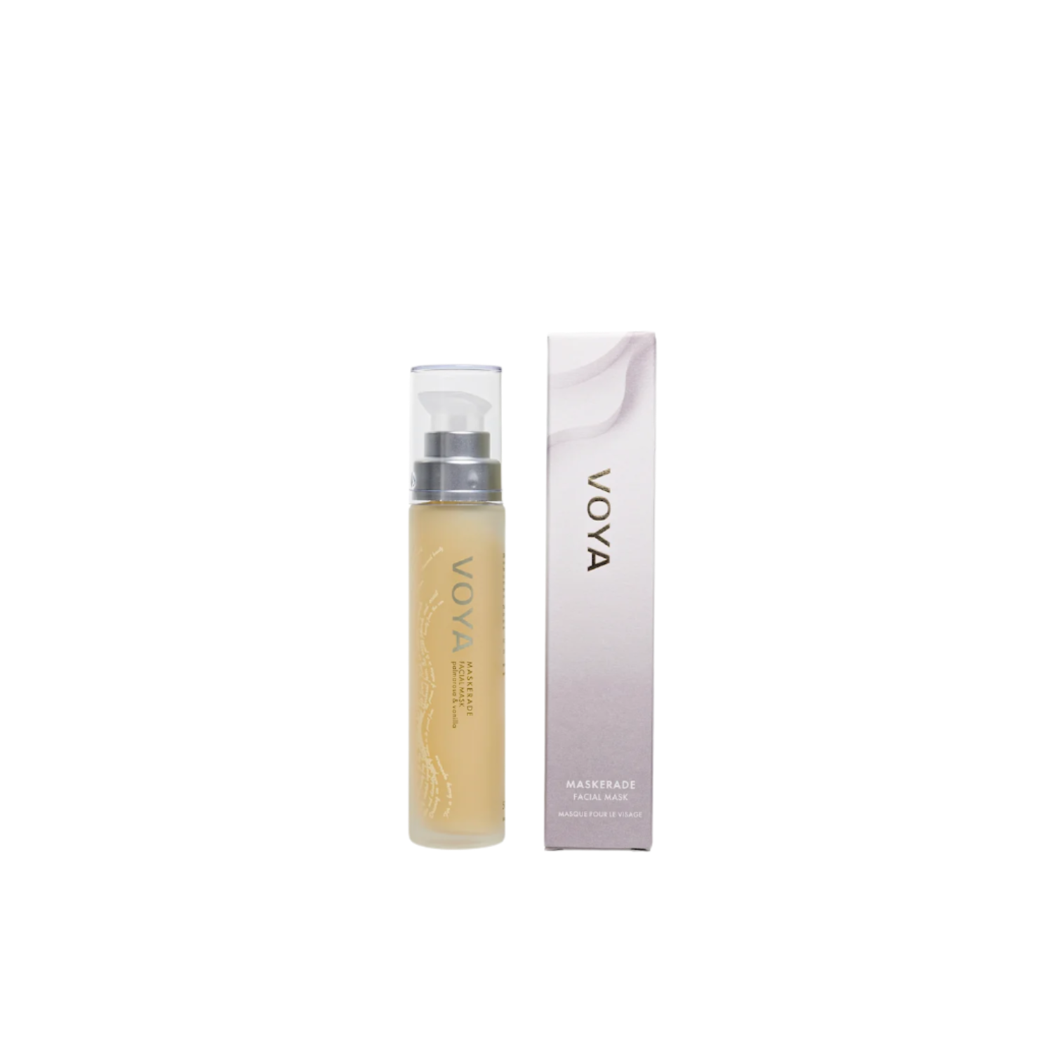 A packaged VOYA Maskerade Gel Face Mask product, with a clear tube showing the light gel texture of the mask inside, placed next to its white and silver packaging box.