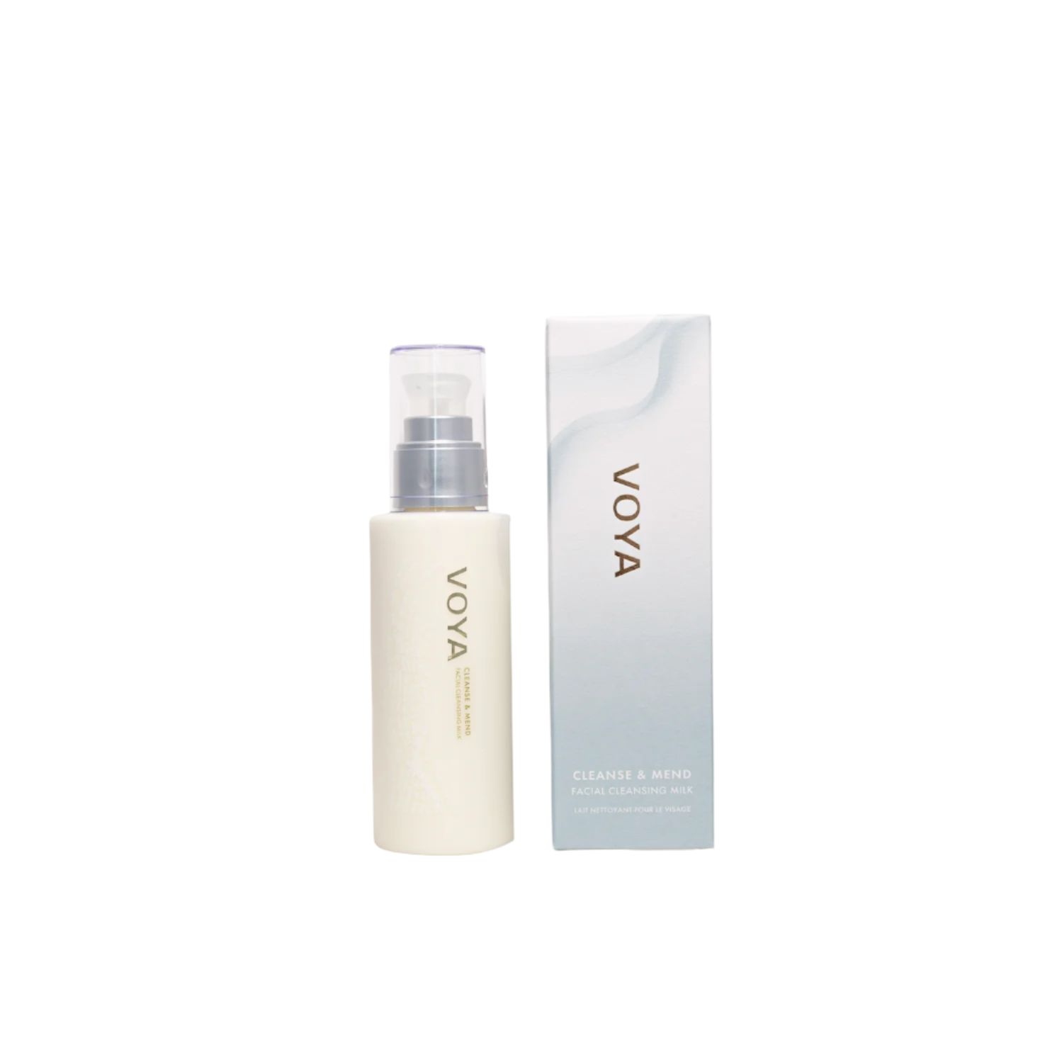 A pump bottle of VOYA facial cleansing milk next to its packaging box.