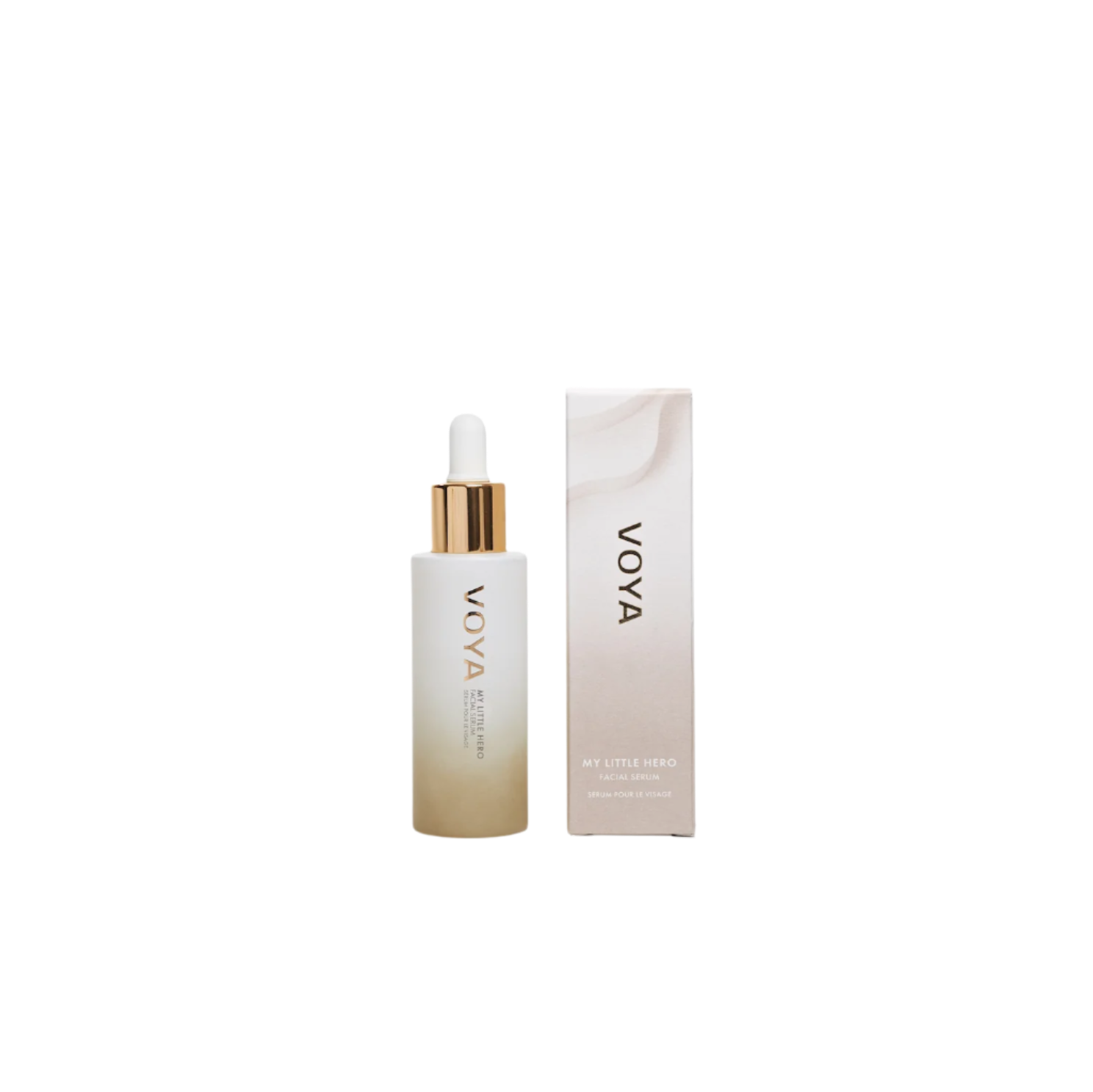 A VOYA My Little Hero bottle with a white label and a gold dropper containing facial serum, alongside its packaging box.