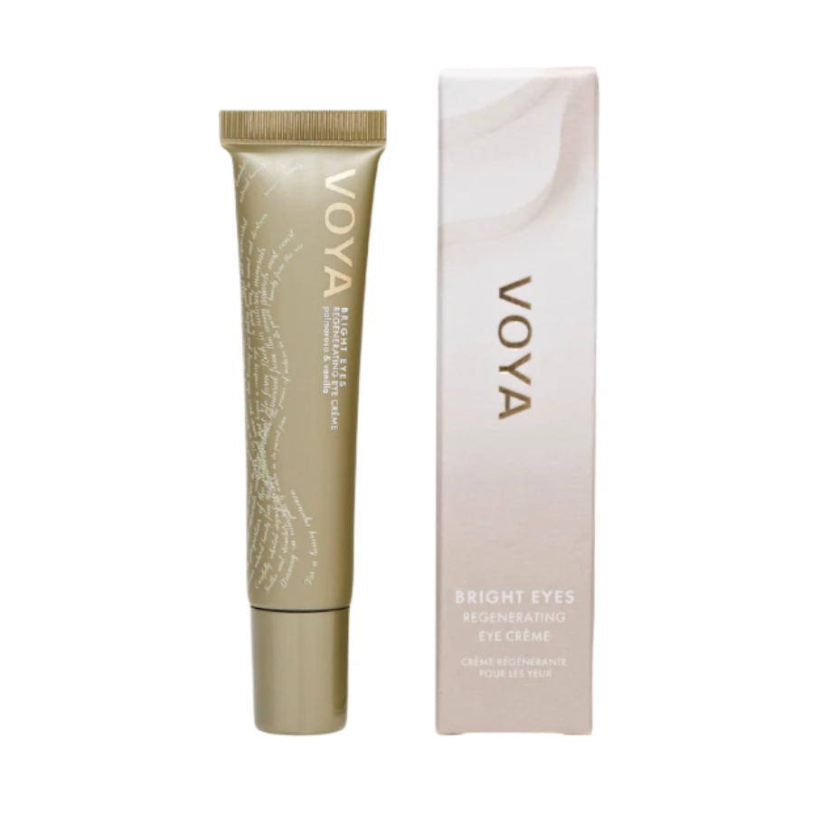 A tube of VOYA Bright Eyes Regenerating Eye Cream next to its packaging box, both featuring the brand's logo and the product name.