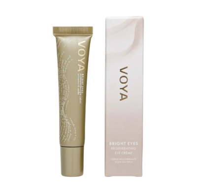 A tube of VOYA Bright Eyes Regenerating Eye Cream next to its packaging box, both featuring the brand's logo and the product name.