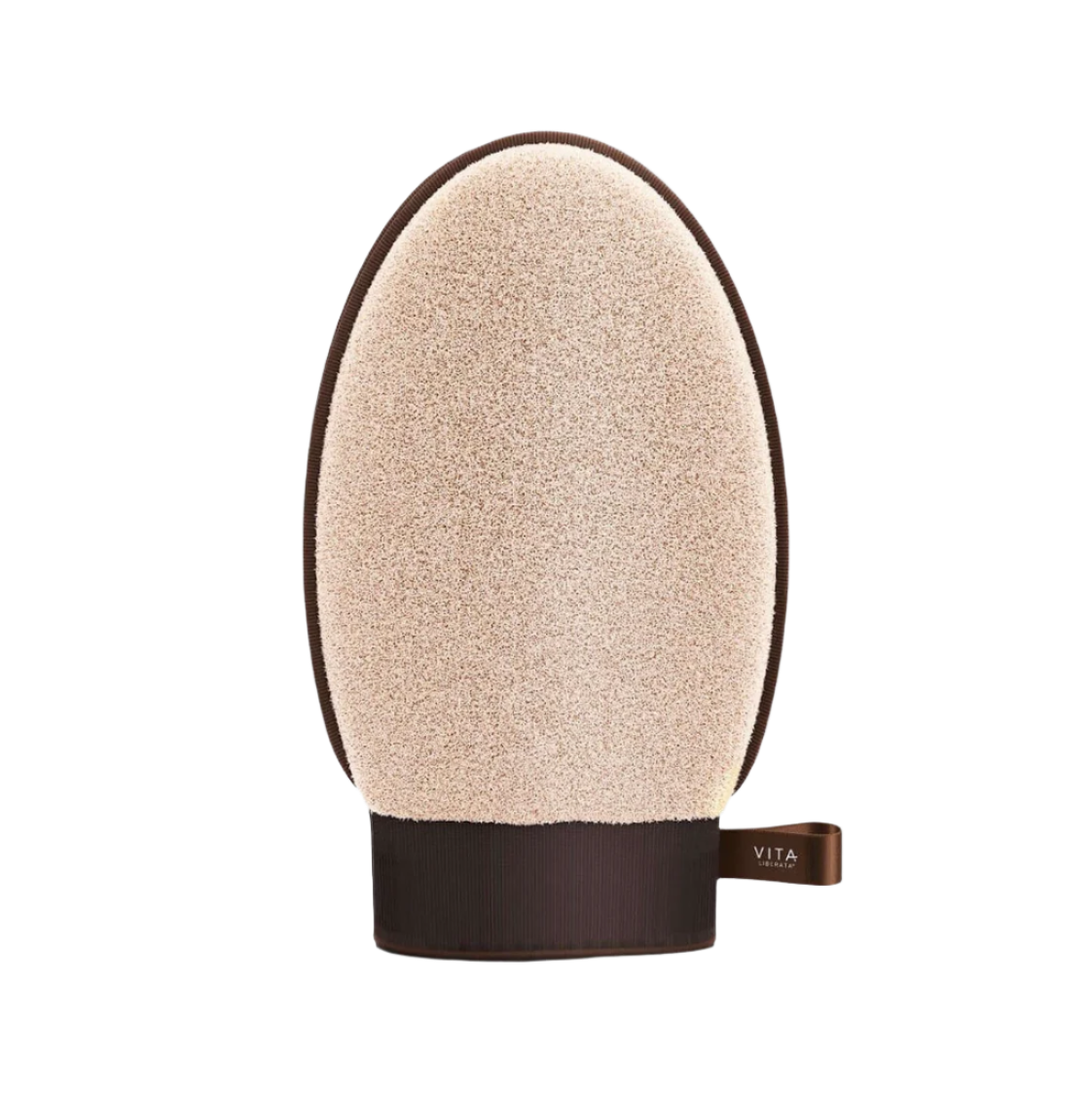 Vita dual-sided exfoliating glove with elasticated bottom and label