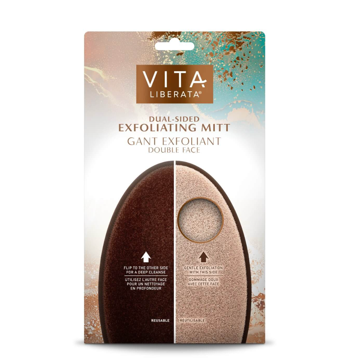 Vita Liberata Dual-Sided exfoliating mitt packaging on a white background