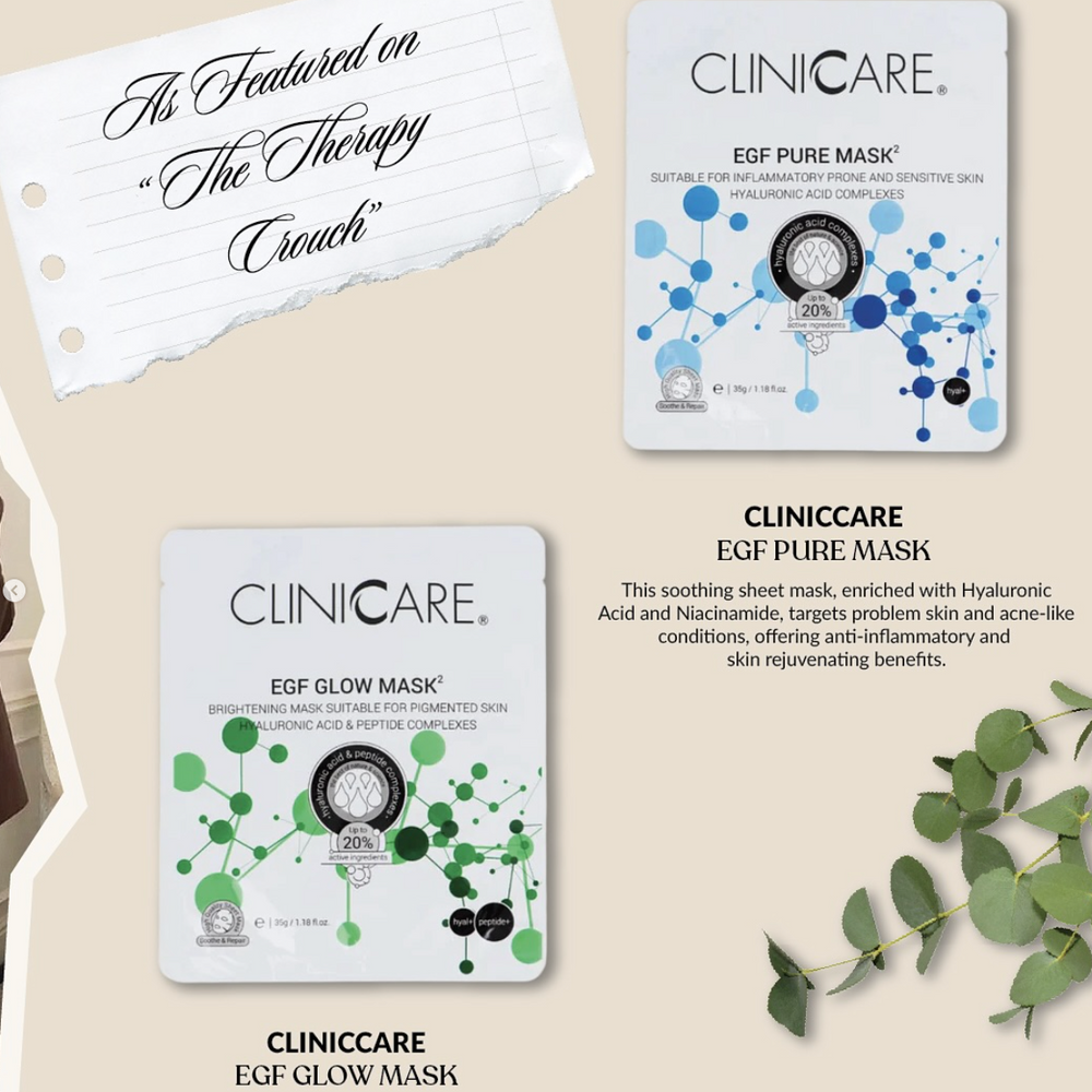 ClinicCare EGF Pure Mask and EGF Glow Mask with promotional text on a beige background.