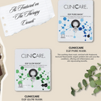 CliniCare EGF Pure Mask and EGF Glow Mask with promotional text on a beige background.