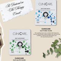 ClinicCare EGF Pure Mask and EGF Glow Mask with promotional text on a beige background.