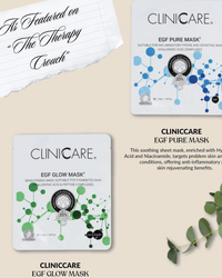 CliniCare EGF Pure Mask and EGF Glow Mask with promotional text on a beige background.