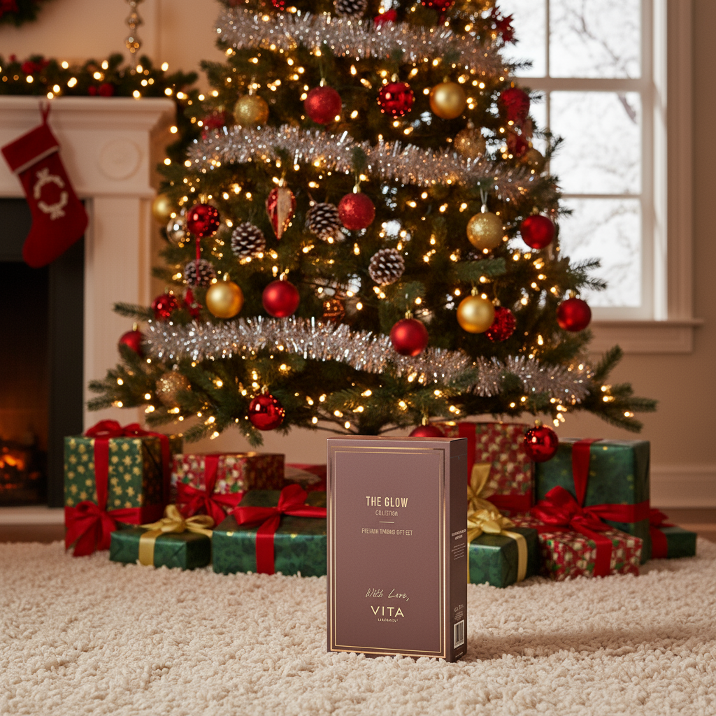 Vita product box in front of a decorated Christmas tree with presents.